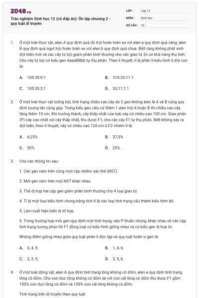 Trắc nghiệm Sinh học 12 (có đáp án): Ôn tập chương 2 - quy luật di truyền
