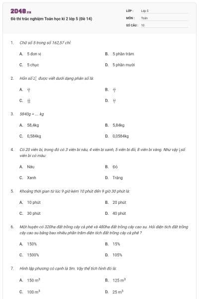 Đề thi trắc nghiệm Toán học kì 2 lớp 5 (Đề 14)