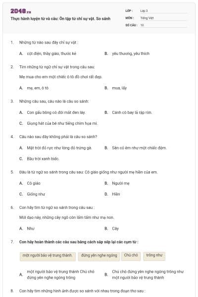 Thực hành luyện từ và câu: Ôn tập từ chỉ sự vật. So sánh