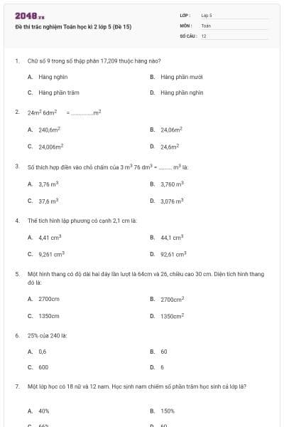 Đề thi trắc nghiệm Toán học kì 2 lớp 5 (Đề 15)