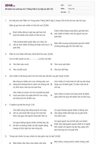 Đề kiểm tra cuối học kì 2 Tiếng Việt 5 có đáp án (Đề 10)