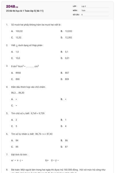 25 Đề thi học kì 1 Toán lớp 5( Đề 11)