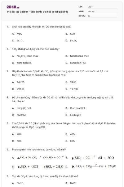 145 Bài tập Cacbon - Silic ôn thi Đại học có lời giải (P4)