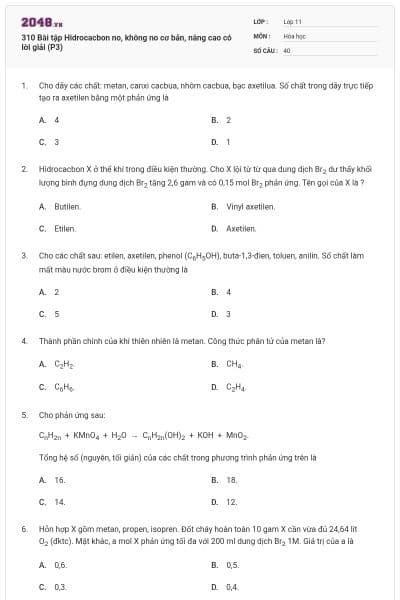 310 Bài tập Hidrocacbon no, không no cơ bản, nâng cao có lời giải (P3)