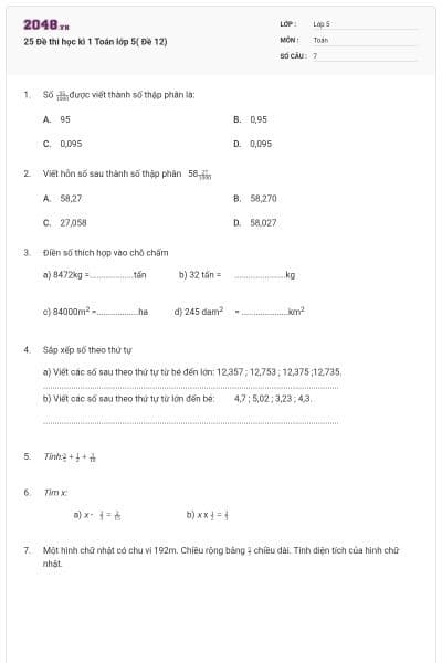 25 Đề thi học kì 1 Toán lớp 5( Đề 12)