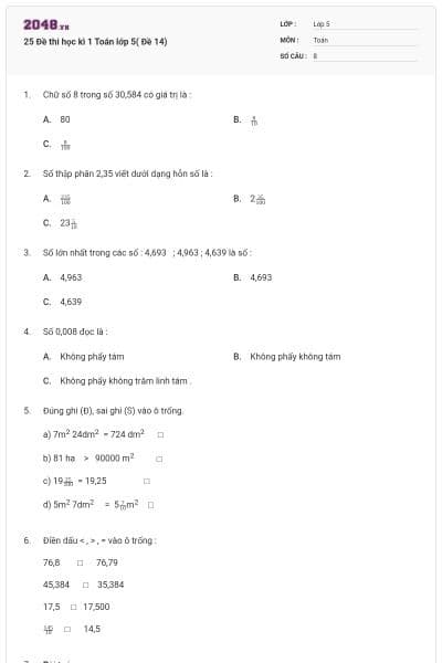 25 Đề thi học kì 1 Toán lớp 5( Đề 14)