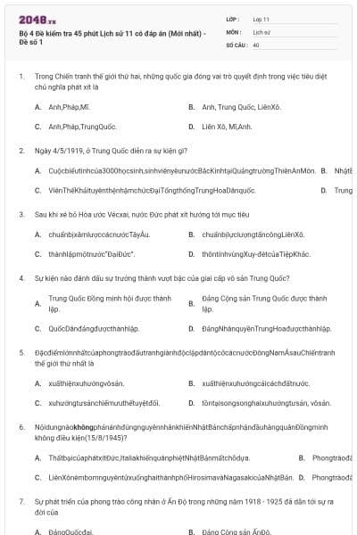 Bộ 4 Đề kiểm tra 45 phút Lịch sử 11 có đáp án (Mới nhất) - Đề số 1