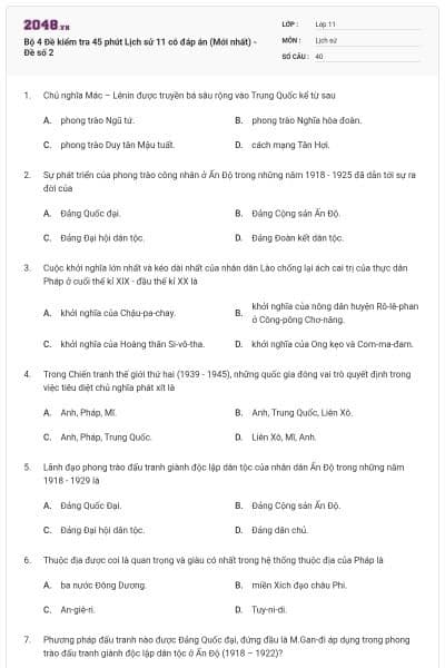 Bộ 4 Đề kiểm tra 45 phút Lịch sử 11 có đáp án (Mới nhất) - Đề số 2