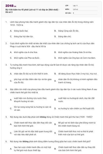 Bộ 4 Đề kiểm tra 45 phút Lịch sử 11 có đáp án (Mới nhất) - Đề số 3