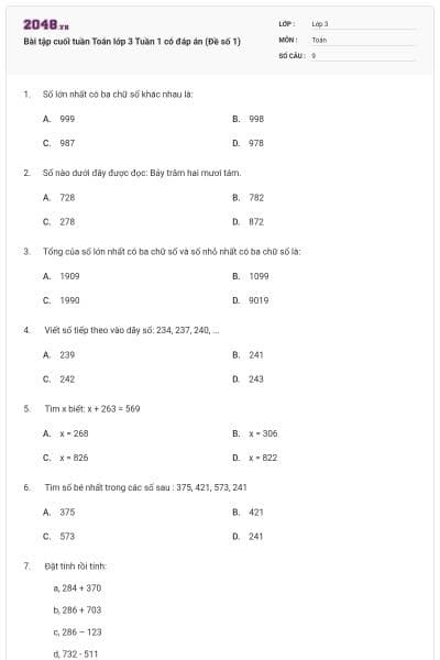 Bài tập cuối tuần Toán lớp 3 Tuần 1 có đáp án (Đề số 1)