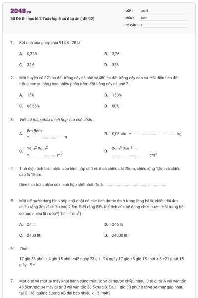 30 Đề thi học kì 2 Toán lớp 5 có đáp án ( đề 02)