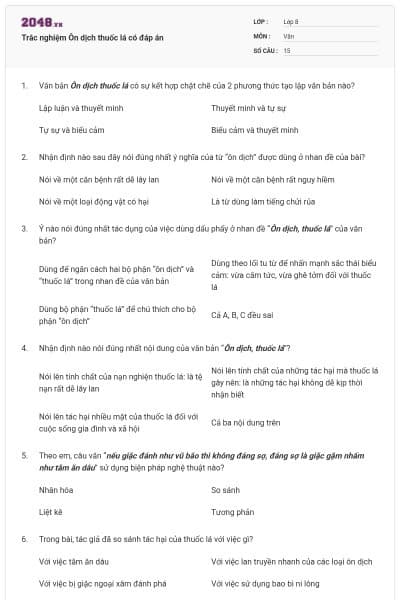 Trắc nghiệm Ôn dịch thuốc lá có đáp án