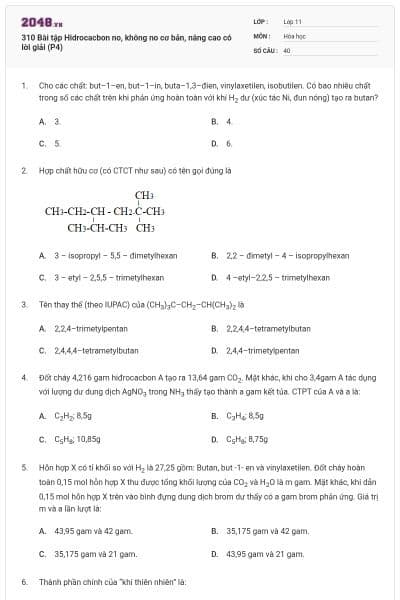 310 Bài tập Hidrocacbon no, không no cơ bản, nâng cao có lời giải (P4)
