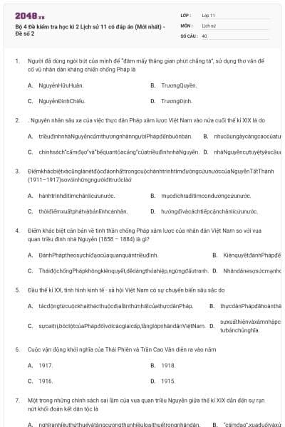 Bộ 4 Đề kiểm tra học kì 2 Lịch sử 11 có đáp án (Mới nhất) - Đề số 2