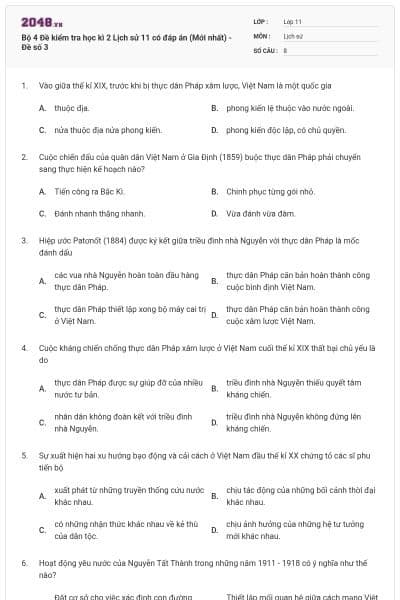Bộ 4 Đề kiểm tra học kì 2 Lịch sử 11 có đáp án (Mới nhất) - Đề số 3