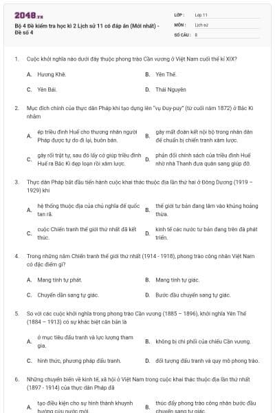 Bộ 4 Đề kiểm tra học kì 2 Lịch sử 11 có đáp án (Mới nhất) - Đề số 4