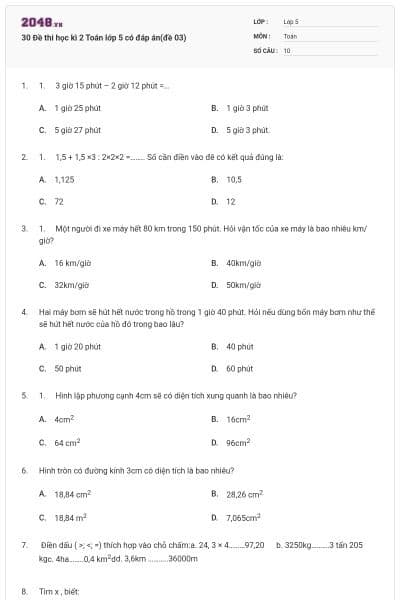 30 Đề thi học kì 2 Toán lớp 5 có đáp án(đề 03)