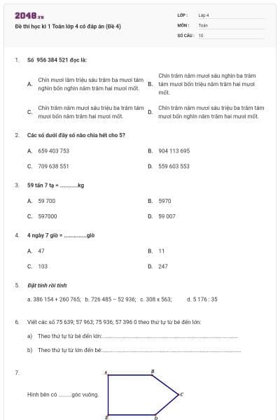 Đề thi học kì 1 Toán lớp 4 có đáp án (Đề 4)