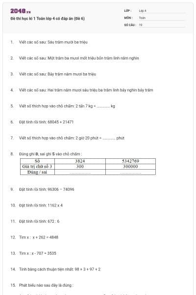 Đề thi học kì 1 Toán lớp 4 có đáp án (Đề 6)