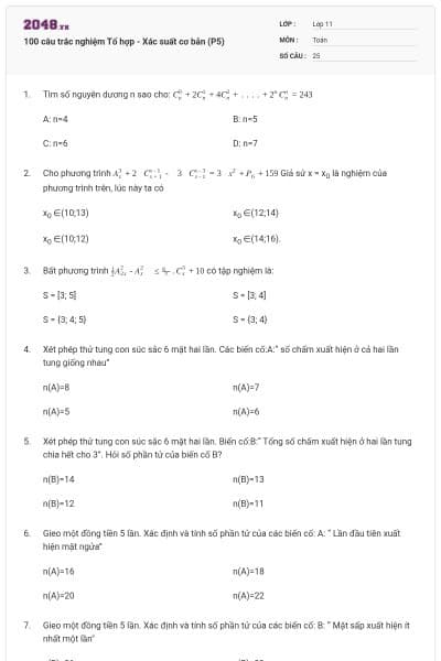 100 câu trắc nghiệm Tổ hợp - Xác suất cơ bản (P5)
