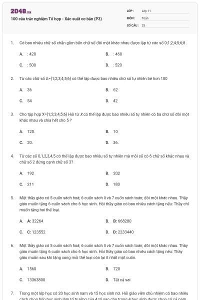 100 câu trắc nghiệm Tổ hợp - Xác suất cơ bản (P3)