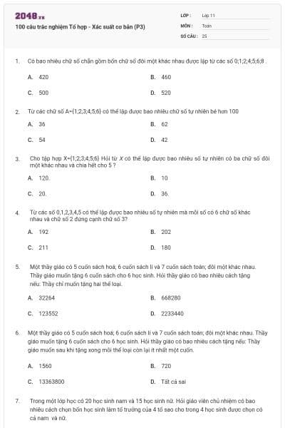100 câu trắc nghiệm Tổ hợp - Xác suất cơ bản (P3)