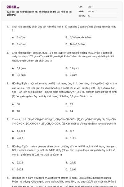 220 Bài tập Hidrocacbon no, không no ôn thi Đại học có lời giải (P3)
