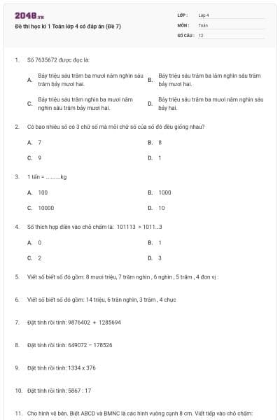 Đề thi học kì 1 Toán lớp 4 có đáp án (Đề 7)