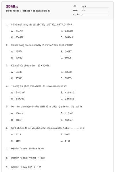 Đề thi học kì 1 Toán lớp 4 có đáp án (Đề 8)