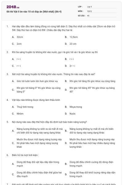 Đề thi Vật lí ôn vào 10 có đáp án (Mới nhất) (Đề 4)