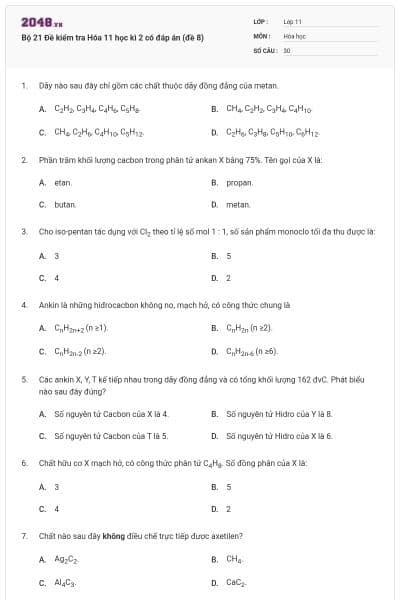 Bộ 21 Đề kiểm tra Hóa 11 học kì 2 có đáp án (đề 8)