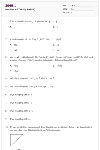 Đề thi học kì 2 Toán lớp 4 (Đề 10)