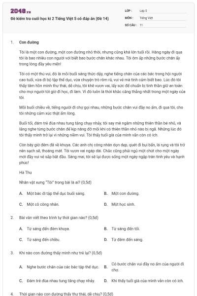 Đề kiểm tra cuối học kì 2 Tiếng Việt 5 có đáp án (Đề 14)