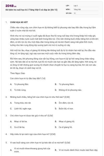 Đề kiểm tra cuối học kì 2 Tiếng Việt 5 có đáp án (Đề 15)
