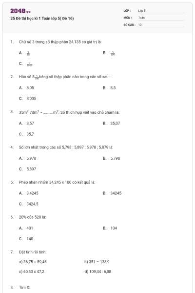 25 Đề thi học kì 1 Toán lớp 5( Đề 16)