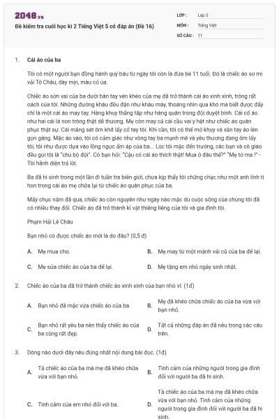 Đề kiểm tra cuối học kì 2 Tiếng Việt 5 có đáp án (Đề 16)