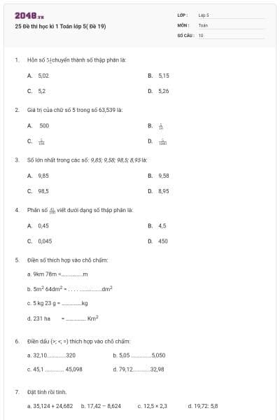 25 Đề thi học kì 1 Toán lớp 5( Đề 19)