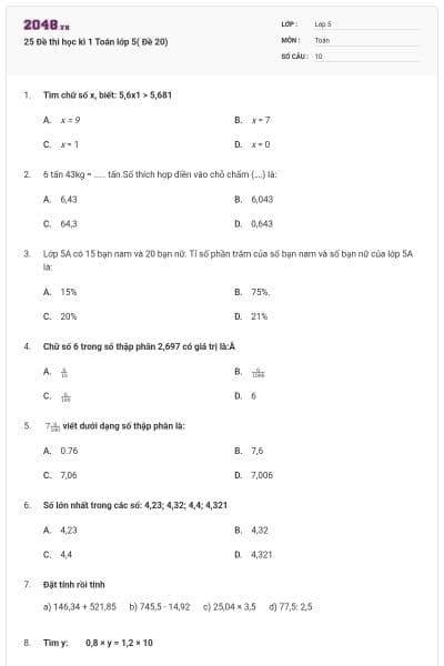 25 Đề thi học kì 1 Toán lớp 5( Đề 20)