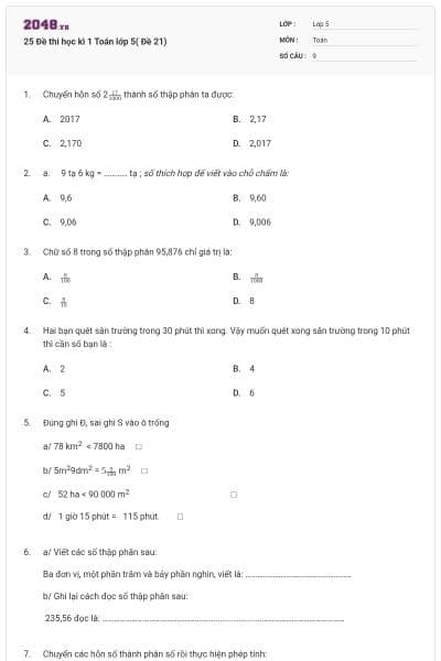 25 Đề thi học kì 1 Toán lớp 5( Đề 21)