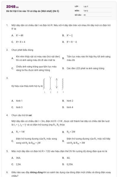 Đề thi Vật lí ôn vào 10 có đáp án (Mới nhất) (Đề 5)
