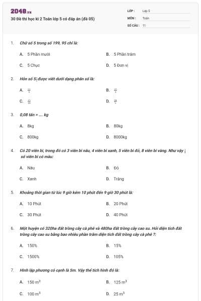 30 Đề thi học kì 2 Toán lớp 5 có đáp án (đề 05)