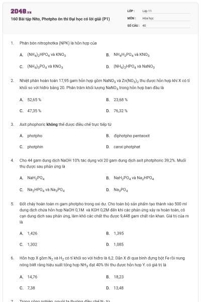 160 Bài tập Nito, Photpho ôn thi Đại học có lời giải (P1)