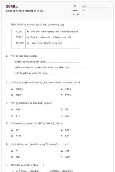 25 Đề thi học kì 1 Toán lớp 5( Đề 22)