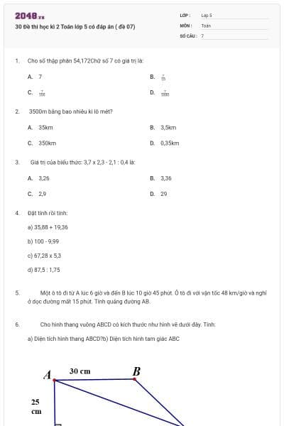 30 Đề thi học kì 2 Toán lớp 5 có đáp án ( đề 07)