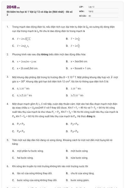 Đề kiểm tra học kì 1 Vật Lý 12 có đáp án (Mới nhất) - Đề số 2