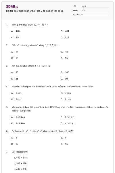 Bài tập cuối tuần Toán lớp 3 Tuần 2 có đáp án (Đề số 2)