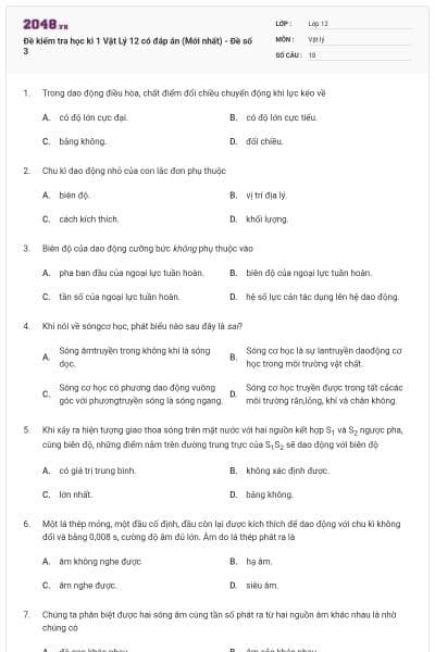 Đề kiểm tra học kì 1 Vật Lý 12 có đáp án (Mới nhất) - Đề số 3