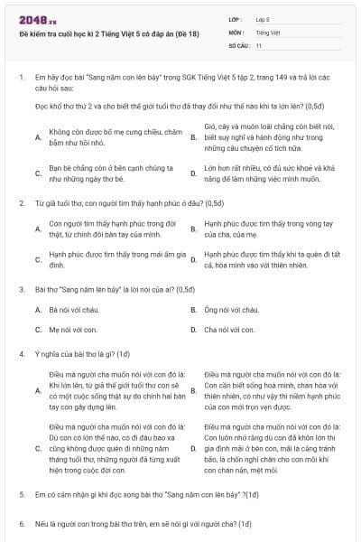 Đề kiểm tra cuối học kì 2 Tiếng Việt 5 có đáp án (Đề 18)