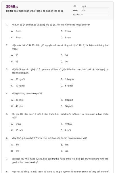 Bài tập cuối tuần Toán lớp 3 Tuần 3 có đáp án (Đề số 3)