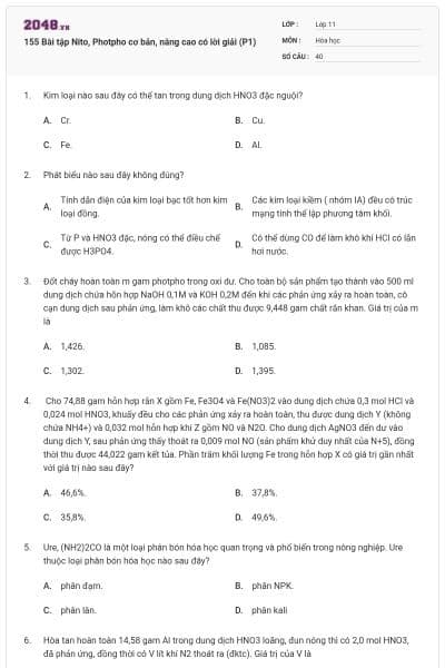 155 Bài tập Nito, Photpho cơ bản, nâng cao có lời giải (P1)